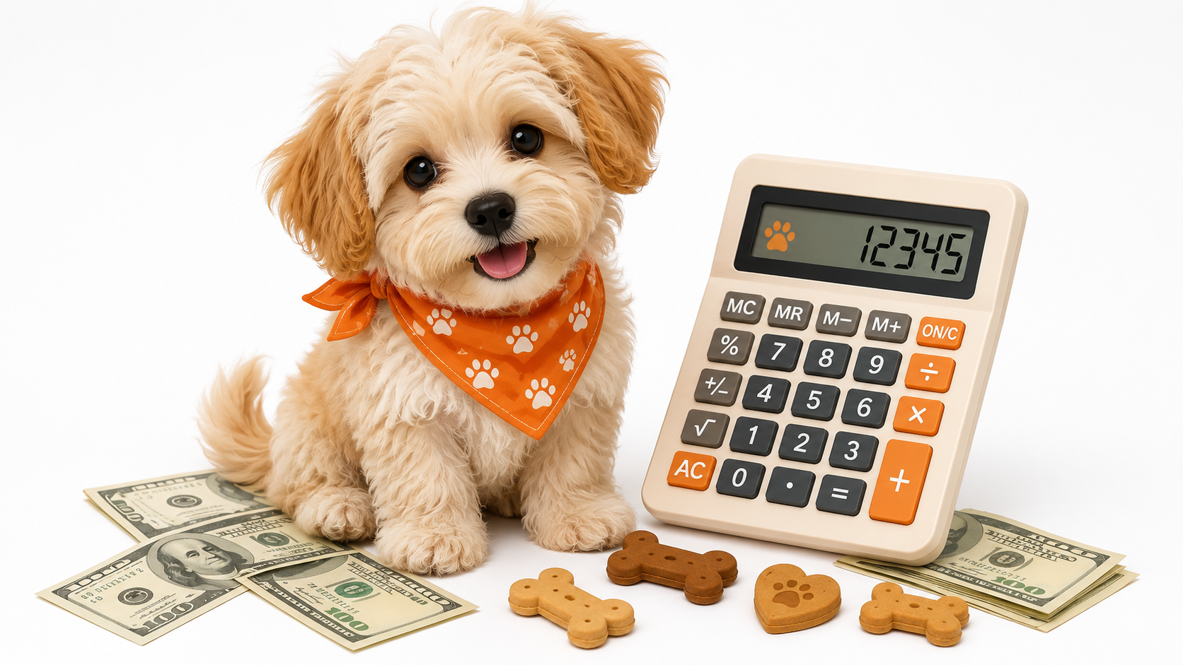 Cute puppy with a calculator and money